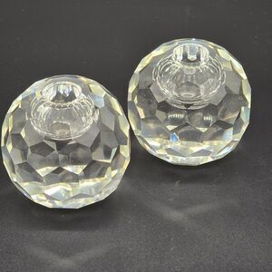 Set of 2 Vintage Post House 3" Faceted Crystal Orb Candlestick Holders